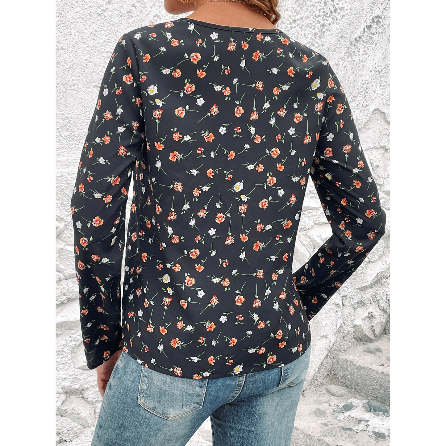 Women's Round-neck Floral Print Long Sleeve Top