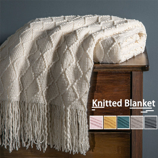 Nordic Pure Color Travel Nap Knitted Sofa Blanket Tassel