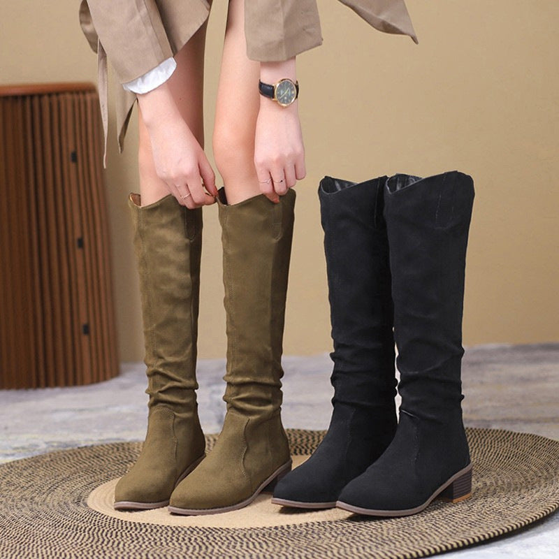 Women's Suede Pointed Chunky Heel Pile Style Long Biker Boots