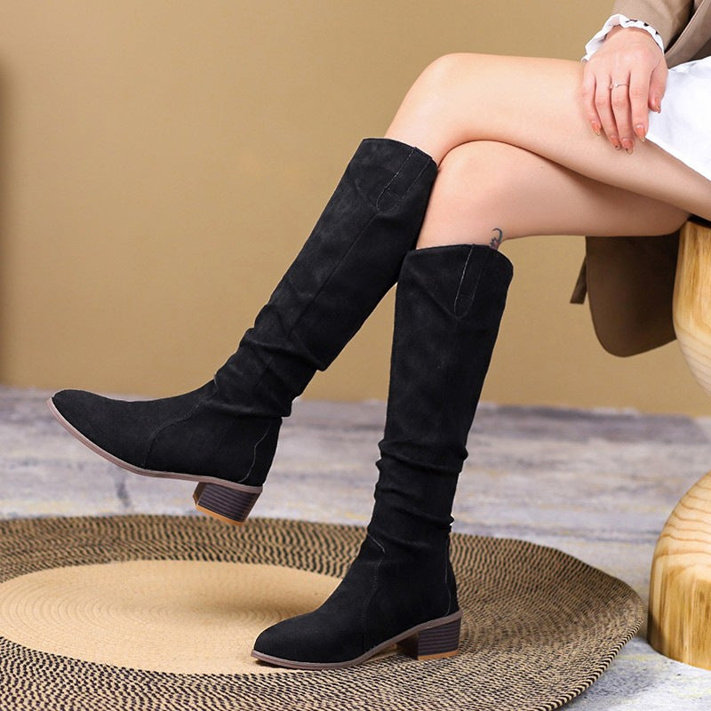 Women's Suede Pointed Chunky Heel Pile Style Long Biker Boots