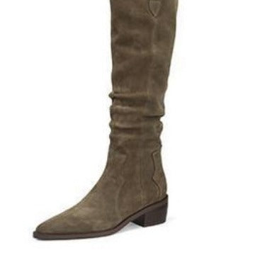 Women's Suede Pointed Chunky Heel Pile Style Long Biker Boots