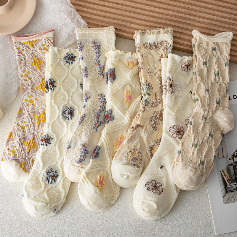 Court Women's Thin Small Flower Long Socks Retro