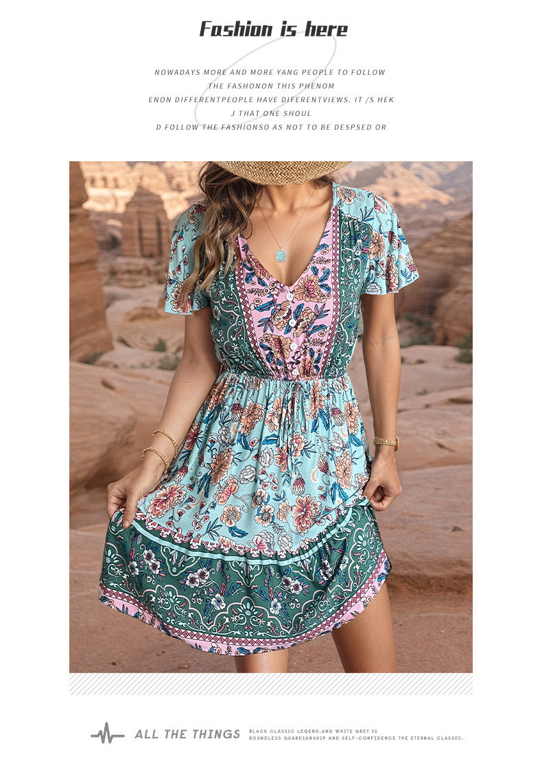 Women's Fashion Short Sleeve V-neck Boho Dress