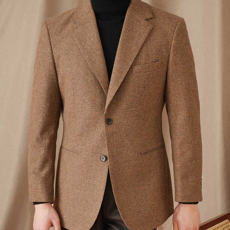 Wool Slim-fit Houndstooth Vintage Coat For Men