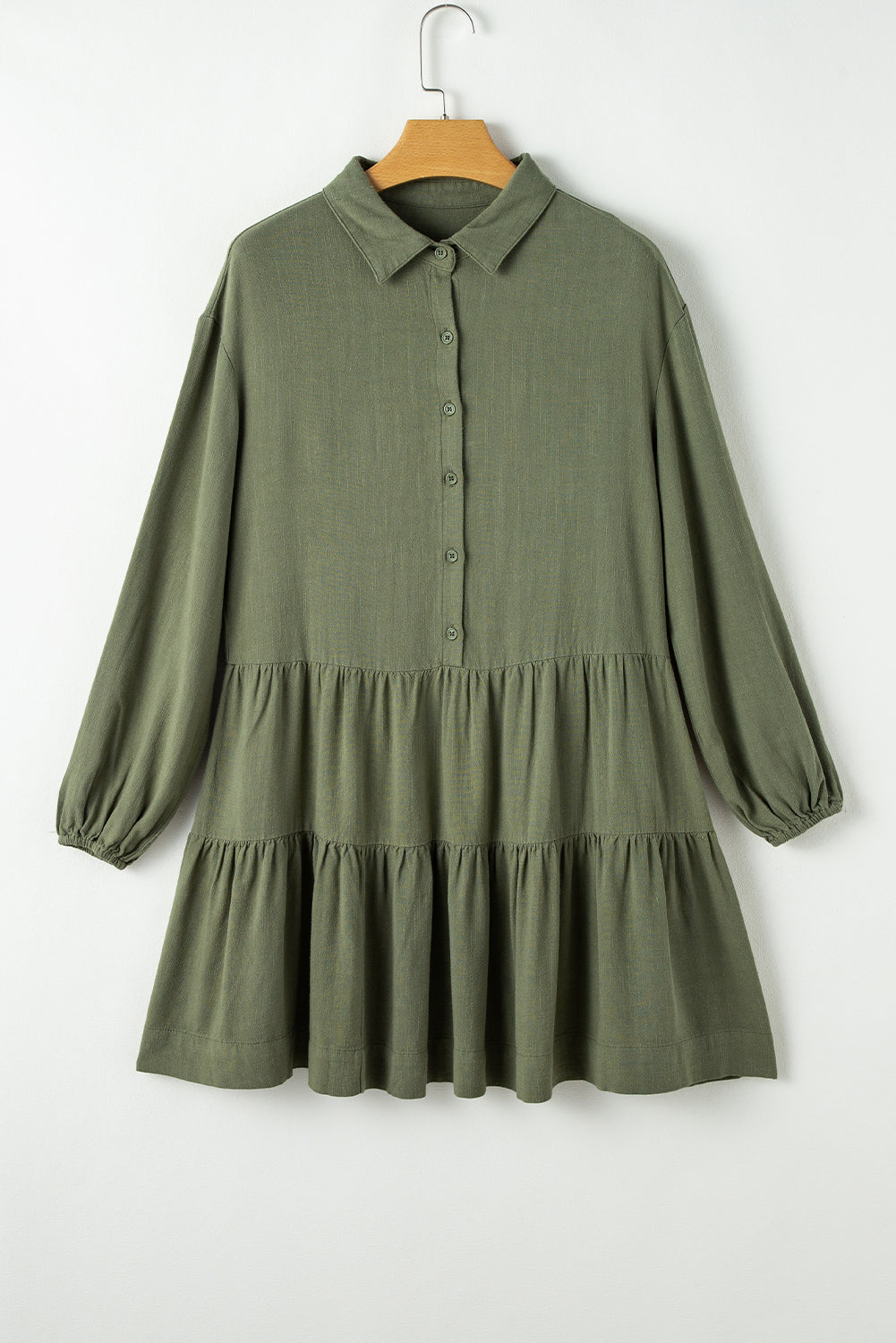 Jungle Green Puff Sleeve Buttoned Tiered Pleated Shirt Mini Dress