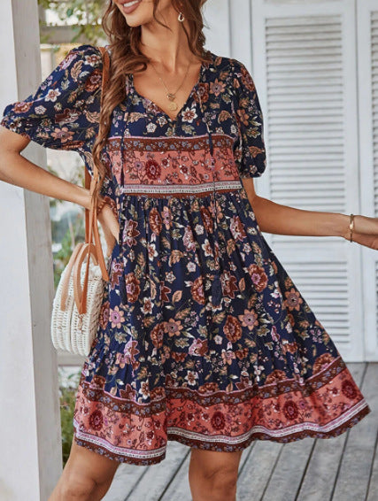 Boho Floral Print Tie Front Short Sleeve Holiday Dress