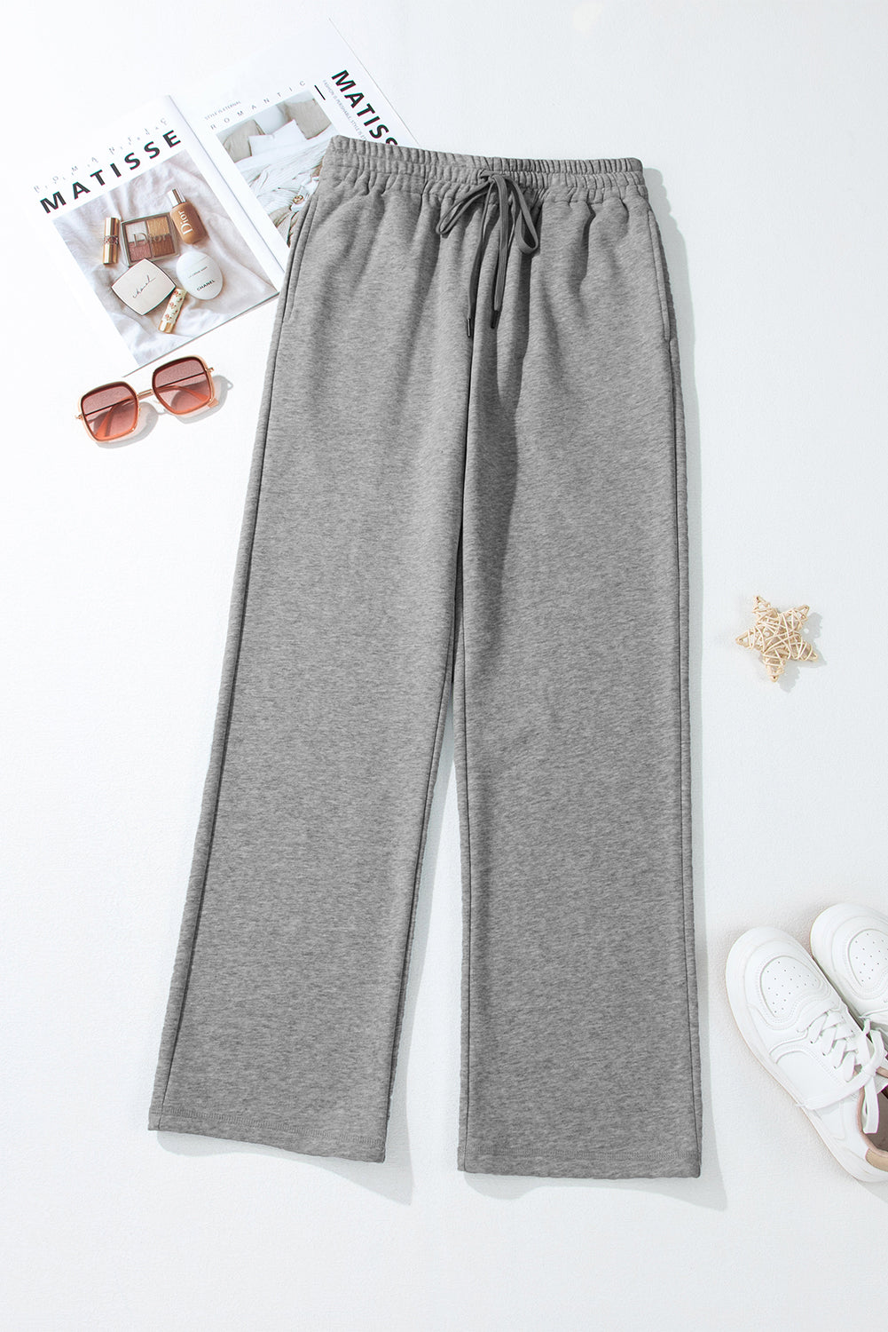 Light Grey Solid Color Fleece Lined Drawstring Waist Casual Pants