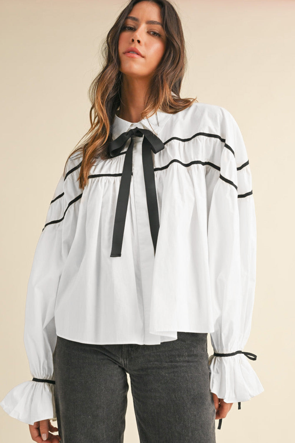 White Black Pipping Ribbon Bowtie Collared Ruffled Puff Sleeve Shirt