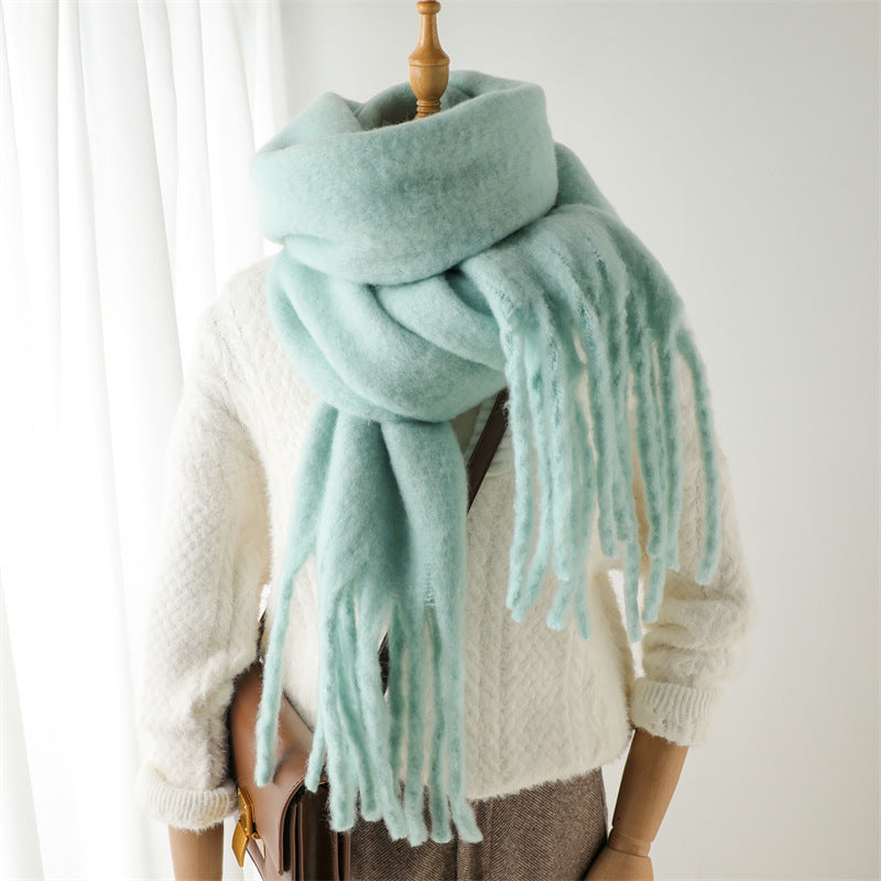 Solid Color Versatile Winter Warm Extended Tassel Scarf