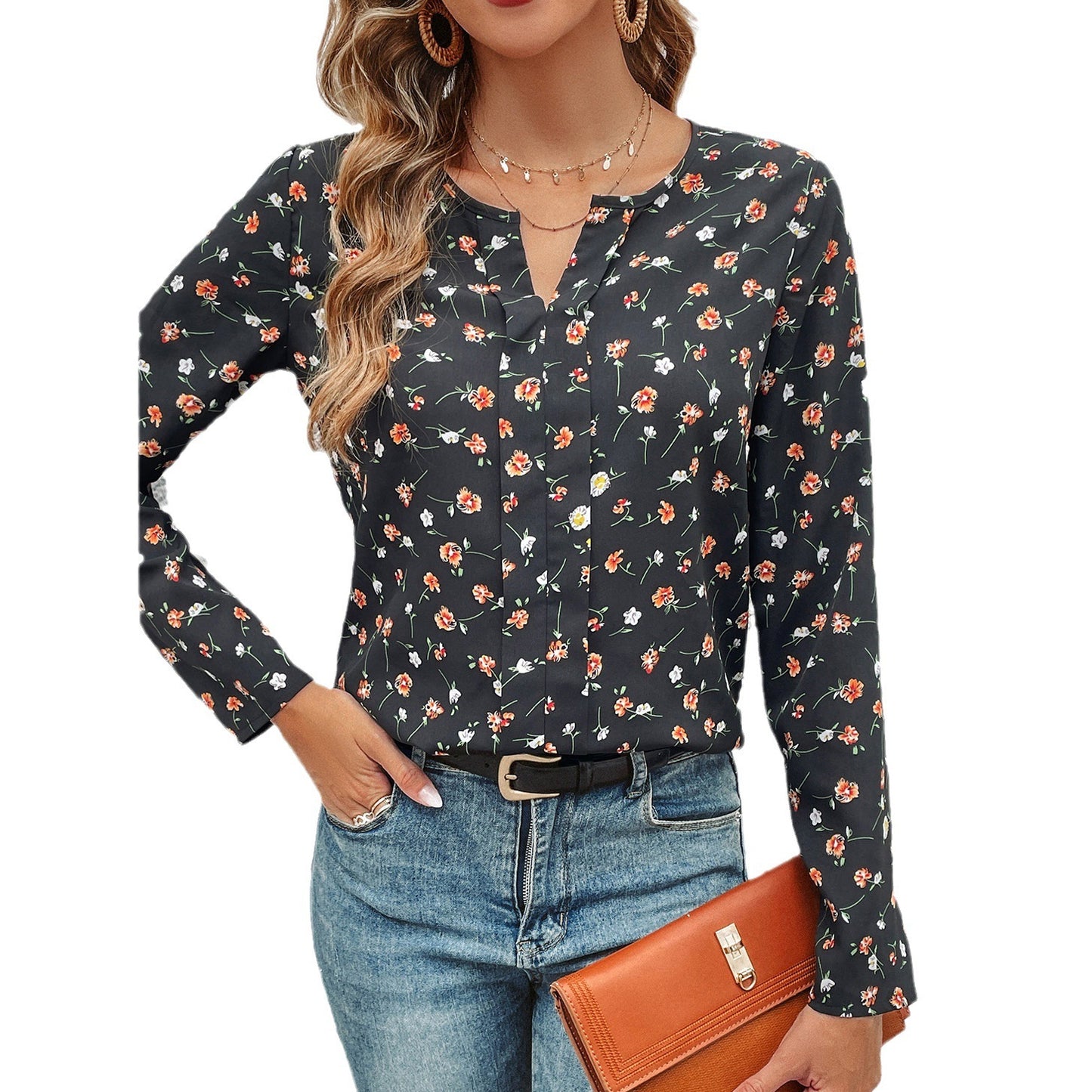 Women's Round-neck Floral Print Long Sleeve Top