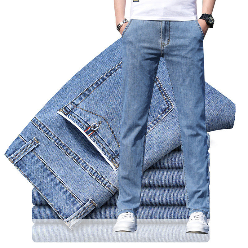 Men's Loose Elastic Jeans Straight Solid Color Casual Trousers