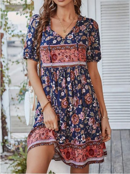 Boho Floral Print Tie Front Short Sleeve Holiday Dress