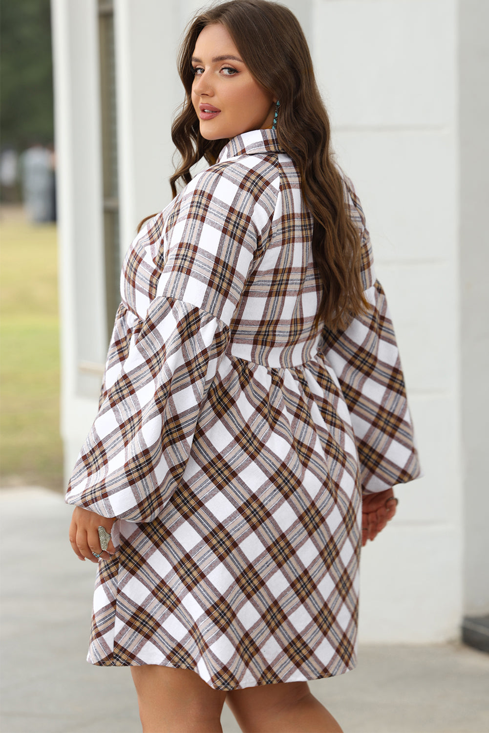 White Plaid Bubble Sleeve Flowy Shirt Dress