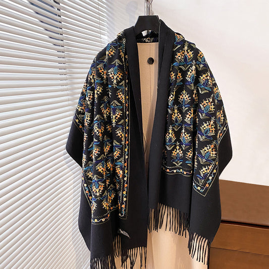 Artistic Artificial Cashmere Scarf Embroidery Embroidery Warm Thickened Long Fringe Travel Shawl