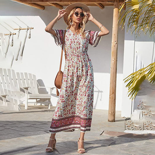 New Women's Printed Boho Short Sleeve Long Dress