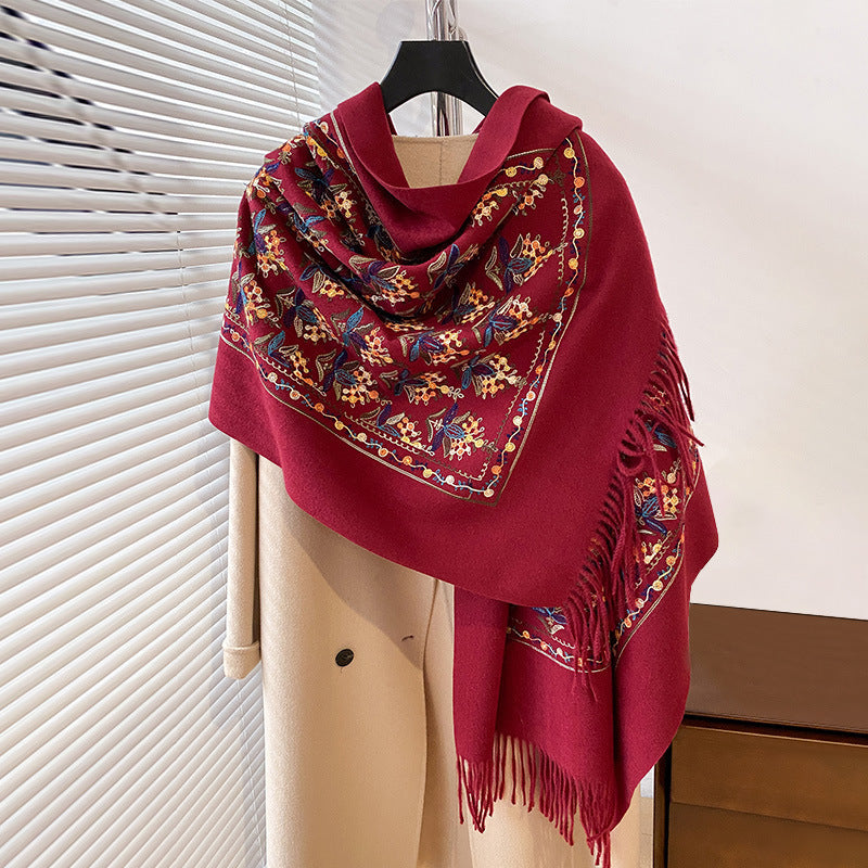 Artistic Artificial Cashmere Scarf Embroidery Embroidery Warm Thickened Long Fringe Travel Shawl