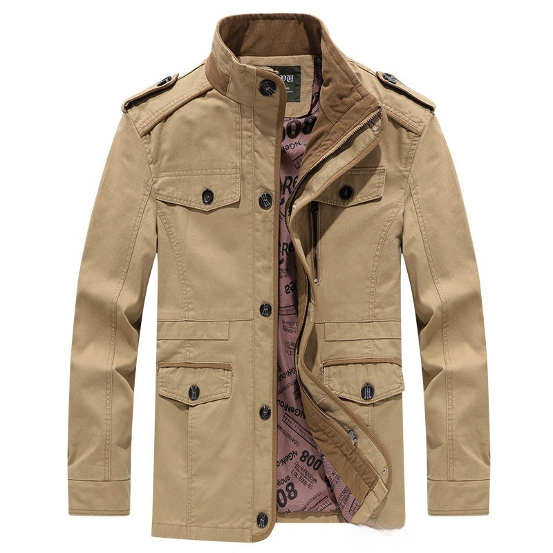 Washed Jacket Men's Cotton Plus Size Mid-length Trench Coat Coat Stand Collar