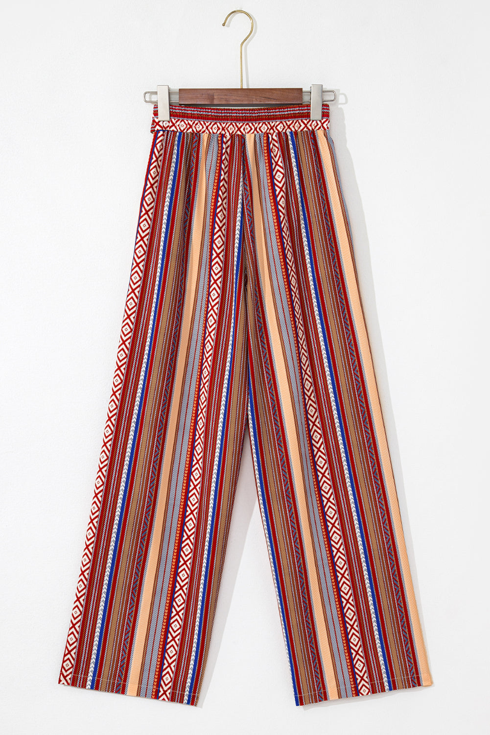 Red Boho Ethnic Striped Print Tie Waist Wide Leg Pants