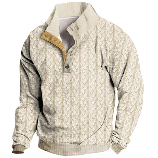 Retro Digital Printing Button Henry Collar Long Sleeve