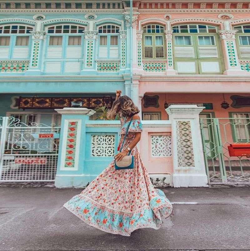 Boho Print Dress With Short Sleeve Crewneck