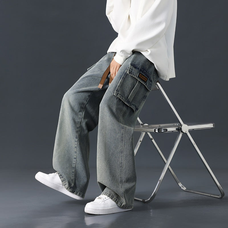 Loose Straight Wide-leg Pants Draping Gradient Washed Jeans For Men