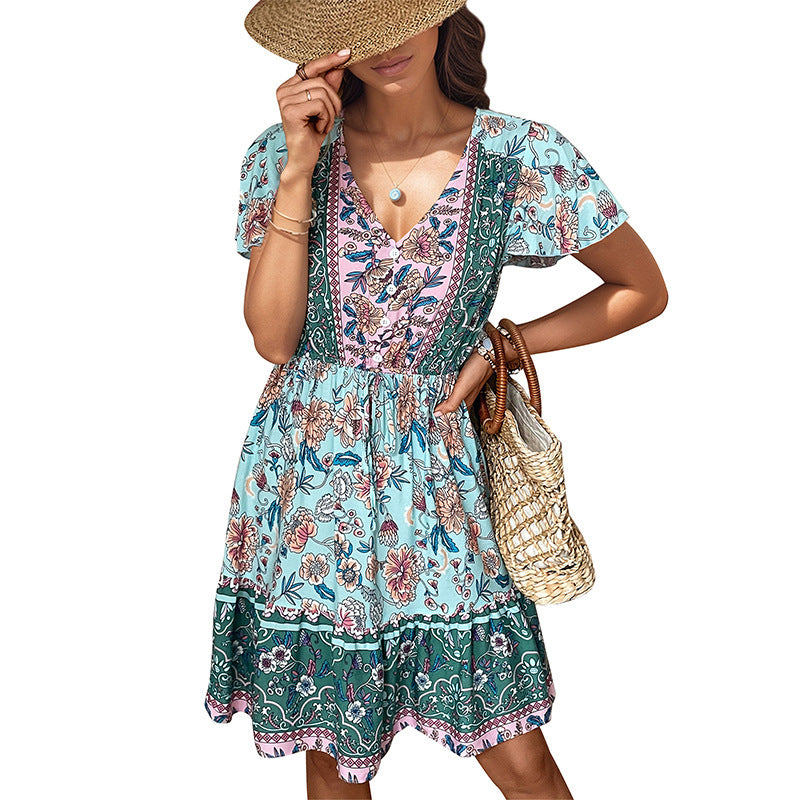 Women's Fashion Short Sleeve V-neck Boho Dress