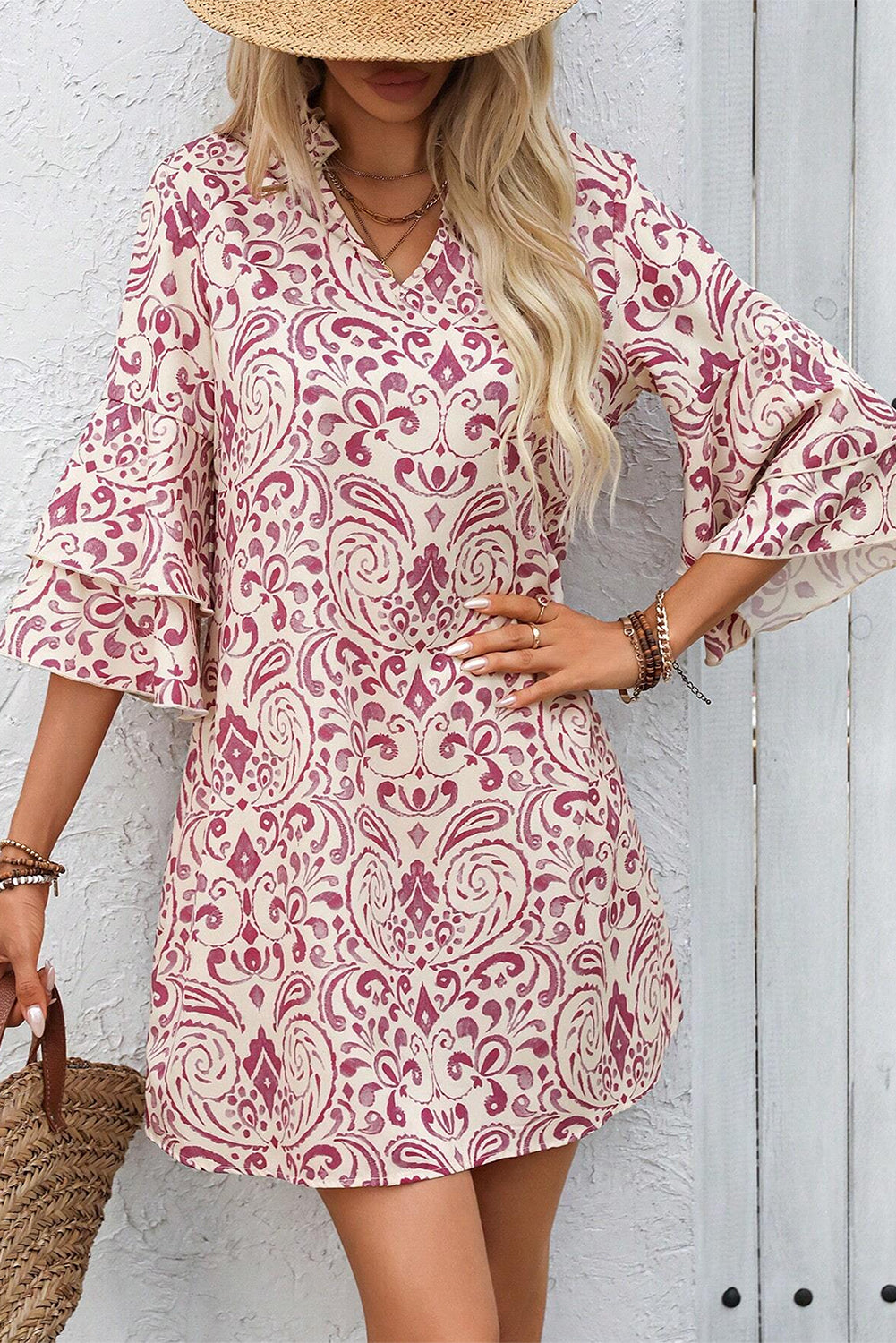 Pink Paisley Print Tiered 3/4 Sleeve Notched Neck Mini Dress