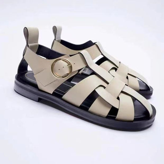 Women's Round Toe Leather Flat Sandals