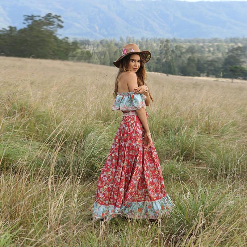 Boho Print Dress With Short Sleeve Crewneck