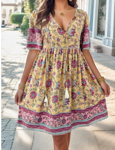 Boho Floral Print Tie Front Short Sleeve Holiday Dress