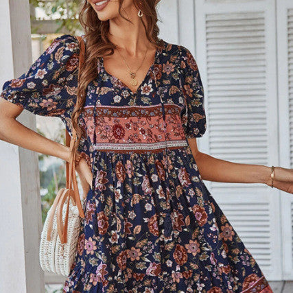 Boho Floral Print Tie Front Short Sleeve Holiday Dress