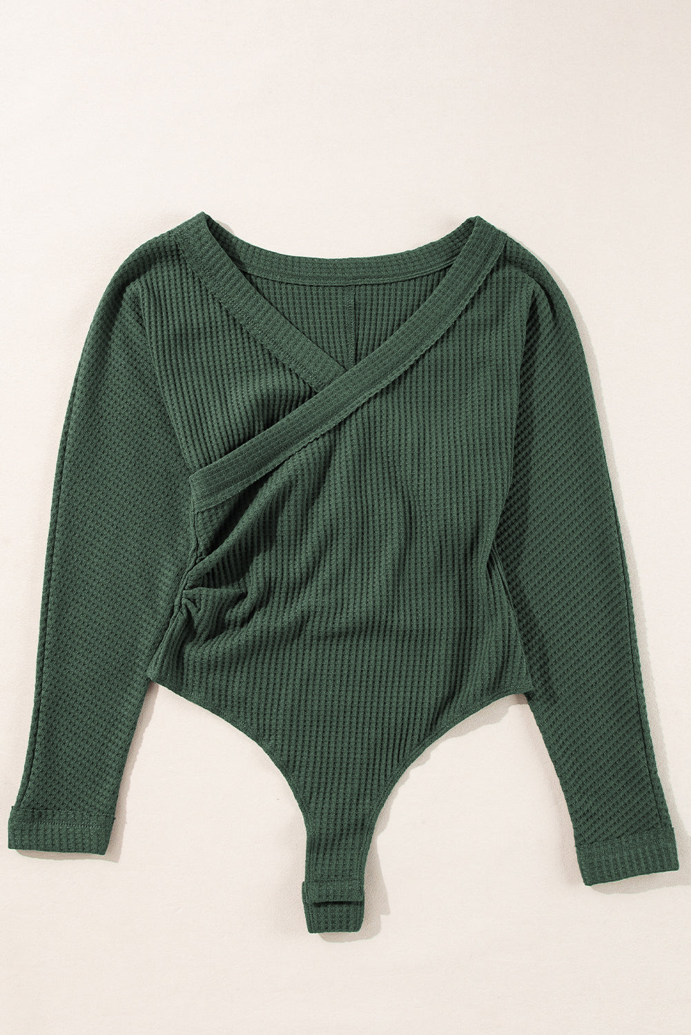 Blackish Green Waffle Knit Slim Fit Wrap V Neck Bodysuit