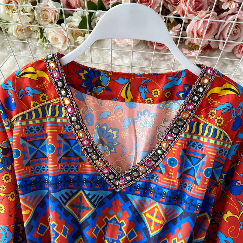 Women's Long Sleeve Boho Ethnic V-Neck Dress