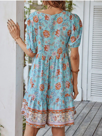 Boho Floral Print Tie Front Short Sleeve Holiday Dress