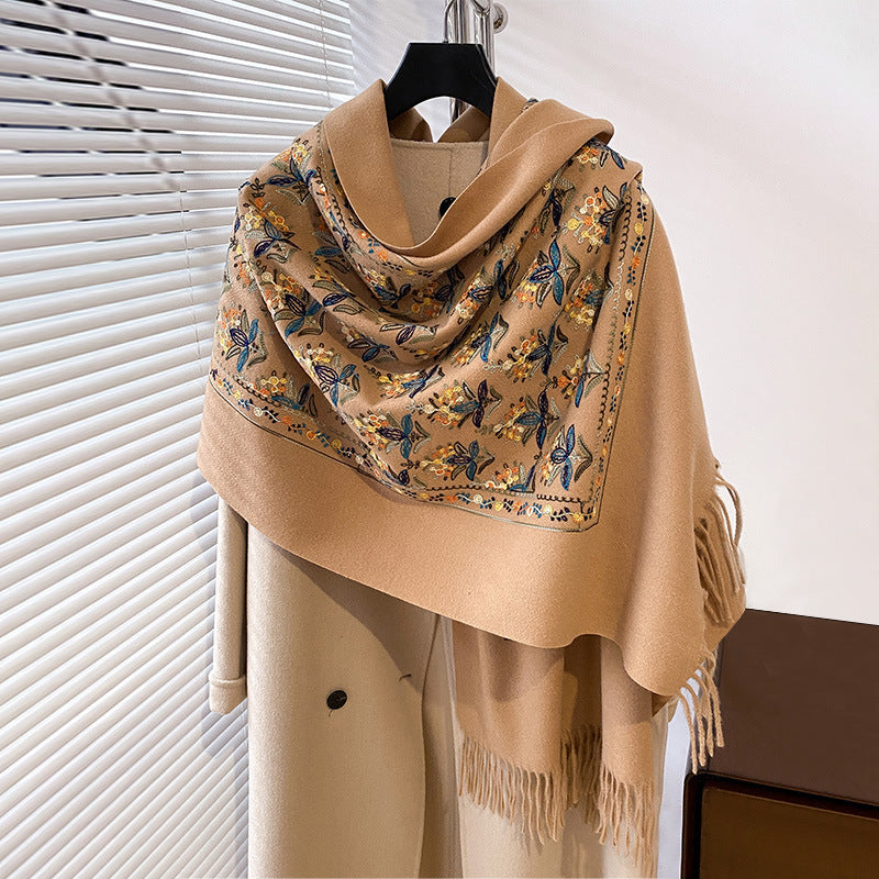 Artistic Artificial Cashmere Scarf Embroidery Embroidery Warm Thickened Long Fringe Travel Shawl