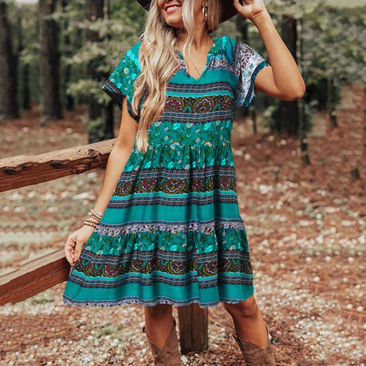 Women's Boho Print Short Sleeve Dress