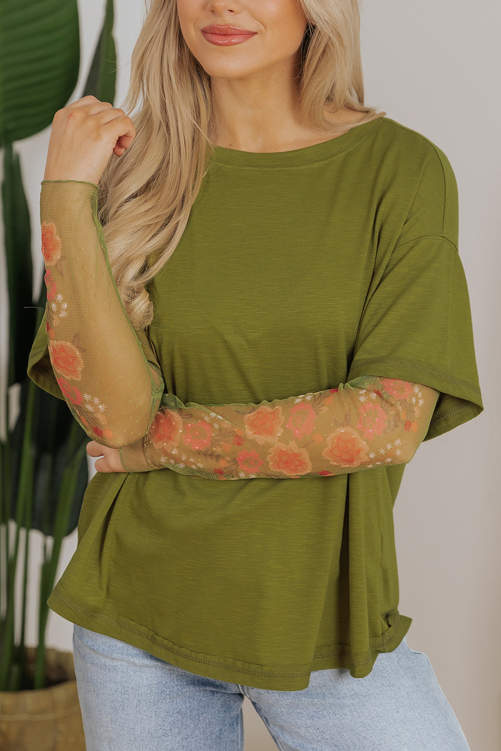 Fern Green Faux Two Piece Floral Long Sleeve Patchwork Tee