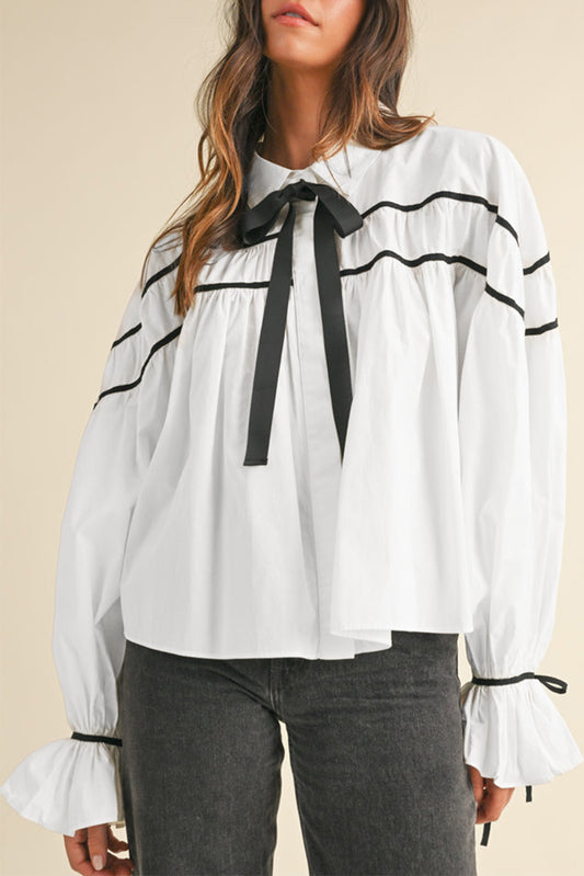 White Black Pipping Ribbon Bowtie Collared Ruffled Puff Sleeve Shirt