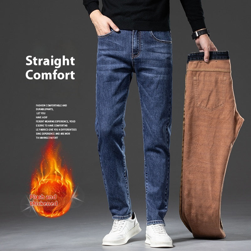 Fleece Padded Jeans Men's Straight Slim Elastic Thickening