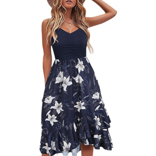 Strap Stitching Printing Irregular Tube Top Boho Dress